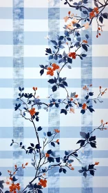 Floral branch silhouette over blue plaid geometric background.