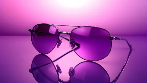 Stylish aviator sunglasses with purple lenses on glossy surface.