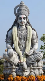 Stone deity statue sits cross-legged with garlanded torso