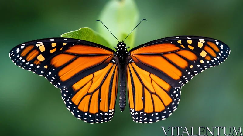 Monarch butterfly with open wings on green background.