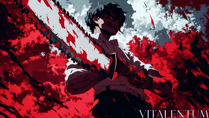 Masked figure grips bloodstained chainsaw against red forest