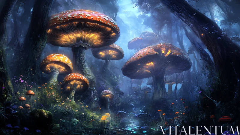 Luminous giant mushrooms ignite a twilight enchanted forest.