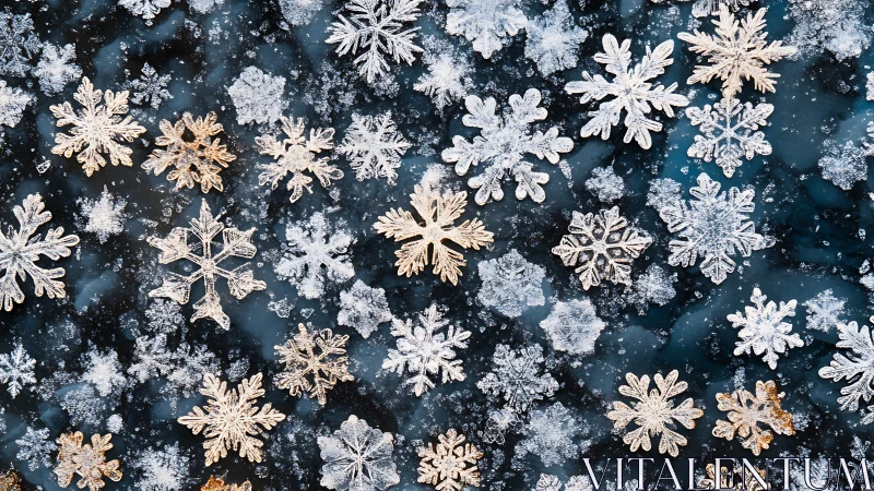 Golden and frosted snowflakes scattered on dark ice surface.