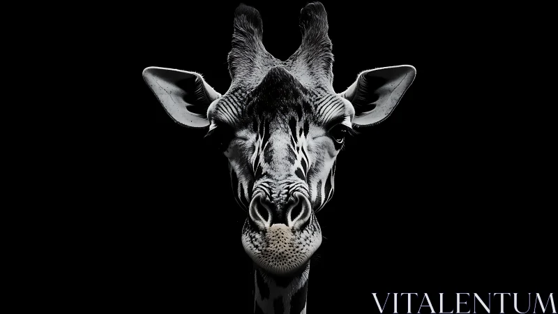 Monochrome giraffe portrait on deep black background.