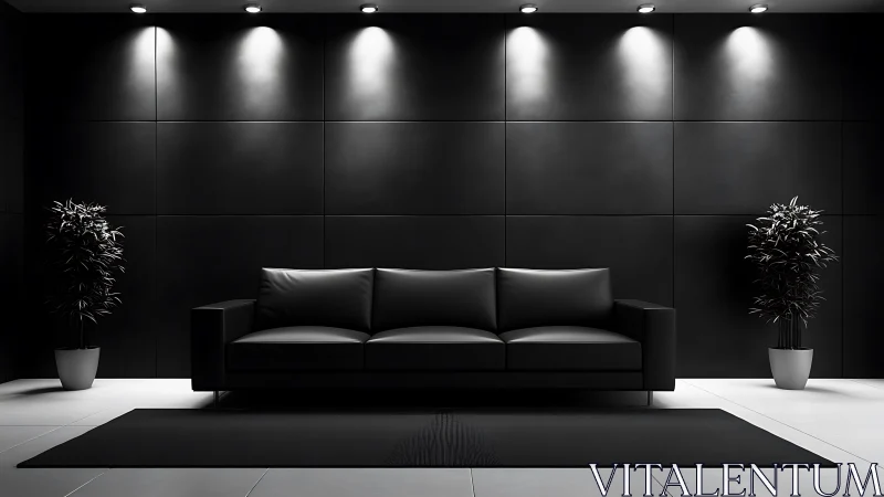 Monochrome lounge with black leather sofa and controlled downlighting