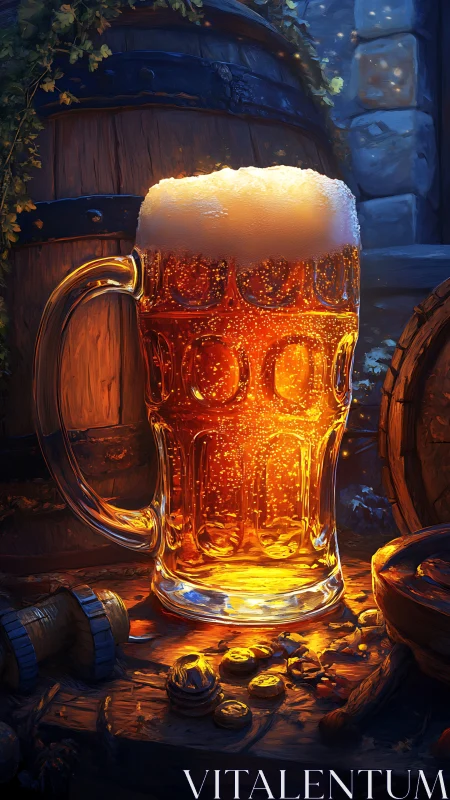 Glass beer mug glows warmly on rustic wooden tavern table