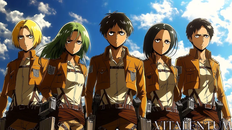 Anime squadron lineup under dynamic sky, cel-shaded composition.
