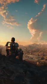 Armored explorer surveys irradiated valley under volumetric cloud