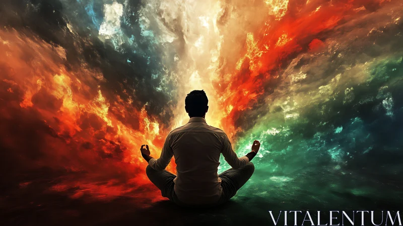 Calm meditator sits between swirling fire and ocean light