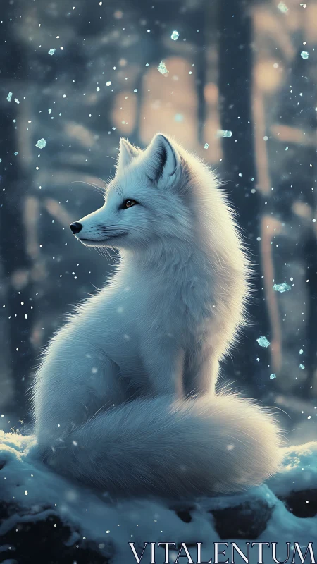 White fox in snowy forest with diffuse winter light.