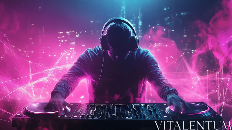 Silhouetted DJ operates digital mixer in neon studio lighting