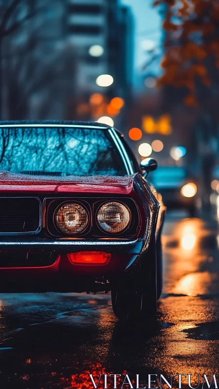 Vintage red car on wet city street at dusk with bokeh lights.