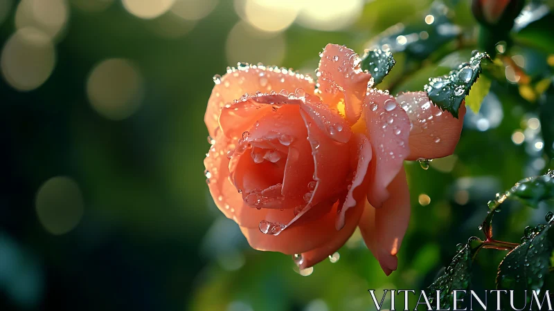 Coral-Apricot Rose Bloom with Dew Droplets and Bokeh Background