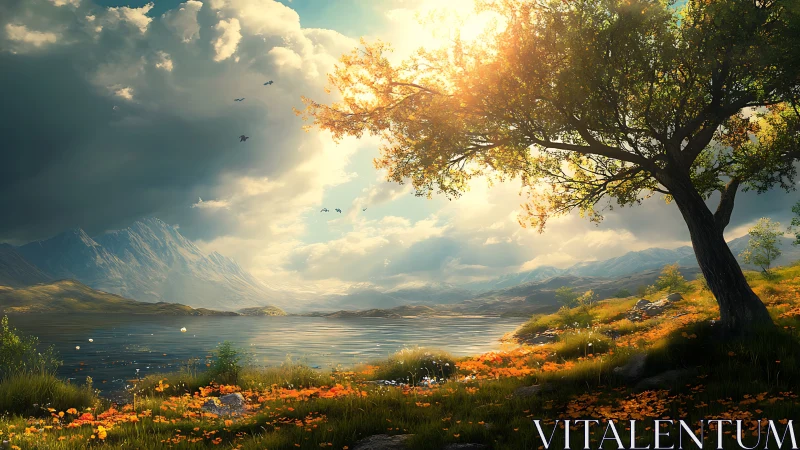 Sunlit lakeside meadow drifting between storm and serenity.