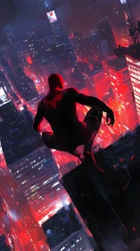 Crimson-clad rooftop watcher over neon-drenched nightfall.