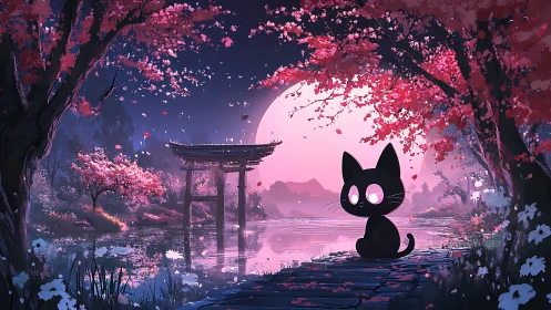 Celestial-eyed black cat by torii gate under sakura moonlit sky