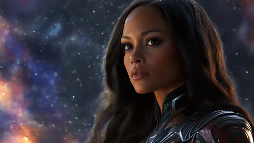 Female space officer portrait is rendered against starfield