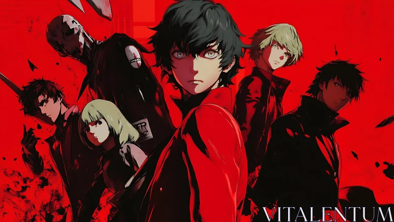 Scarlet-clad anime team poised against blood-red void.