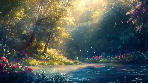 Forest landscape with river and flowering vegetation under luminous canopy