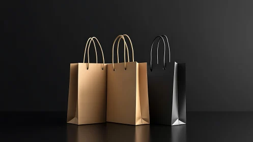 Matte kraft and gloss black shopping bags on dark backdrop