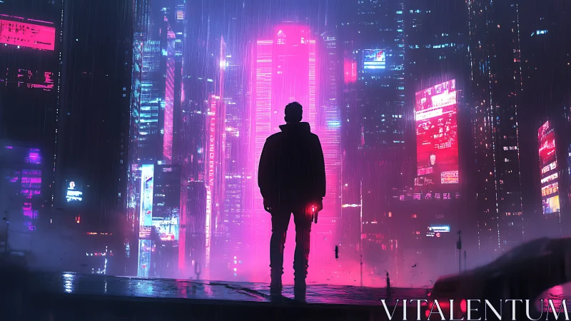 Cyberpunk vigilante silhouetted against neon monolith skyline.