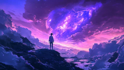 Solitary figure observes nebular sky in luminous digital vista