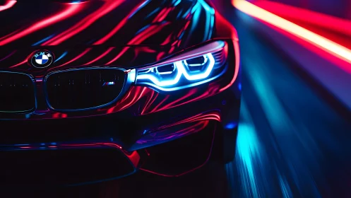 BMW sports car in neon lights, futuristic and dynamic style.