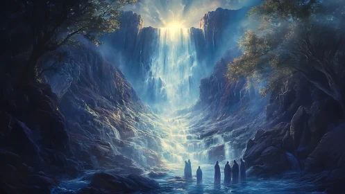 Pilgrims at the Skyfall Cascade of Sunlit Mysteries.
