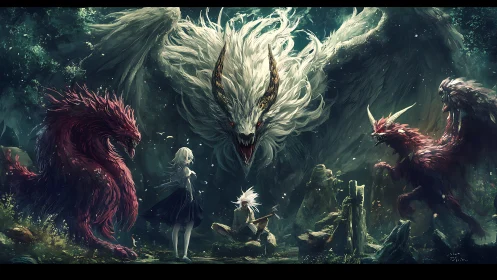 Gentle forest guardians encircle two young wanderers in wonder.