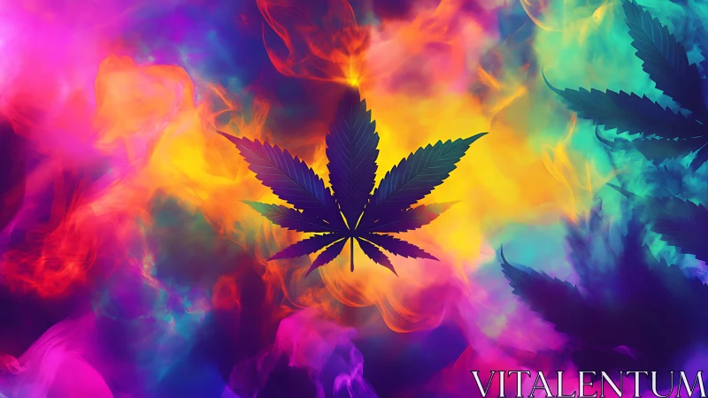 Cannabis leaf silhouette over vivid multicolor smoke field.