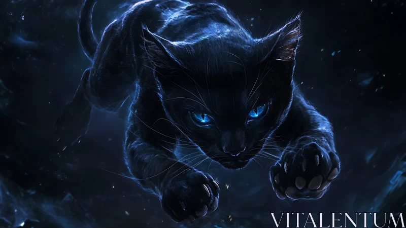 Starlit shadowcat pounces through midnight nebula dust.