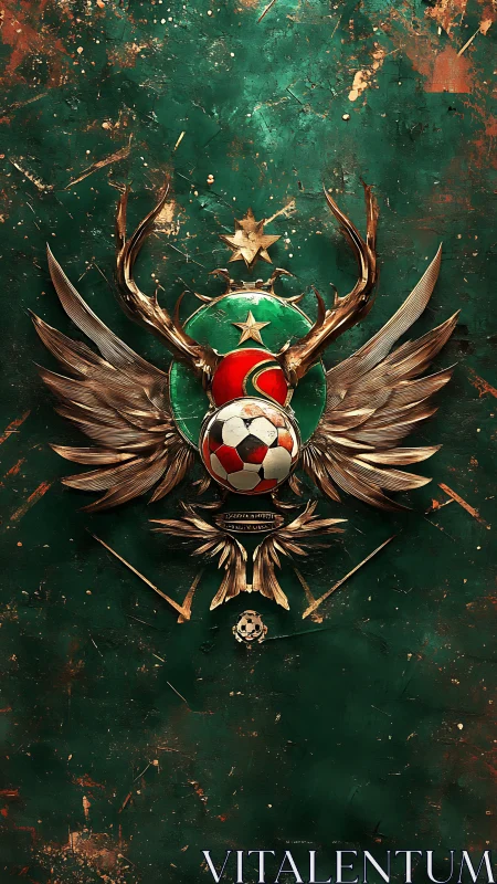 Heraldic football crest with antlered wings on oxidized metal ground