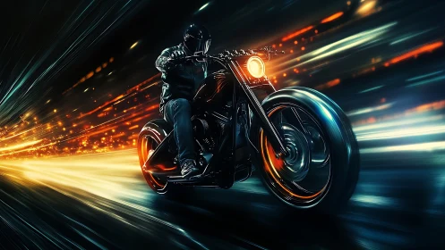 Midnight rider streaks through neon-lit urban speedway.