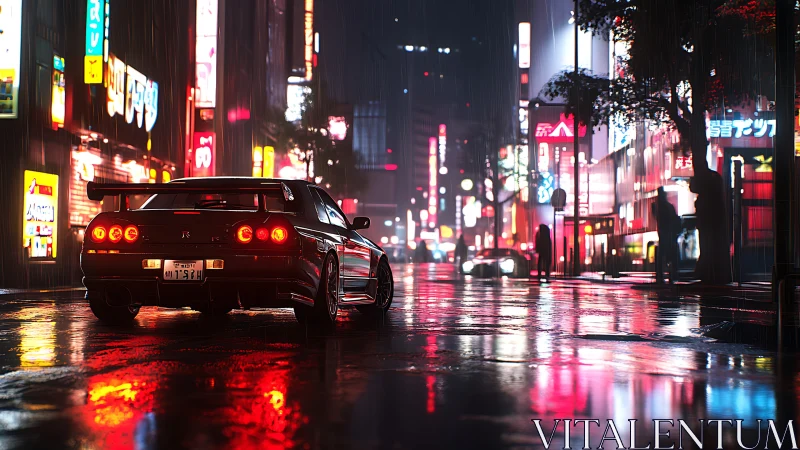Rain-soaked skyline reflects off wet asphalt around tuned GT-R