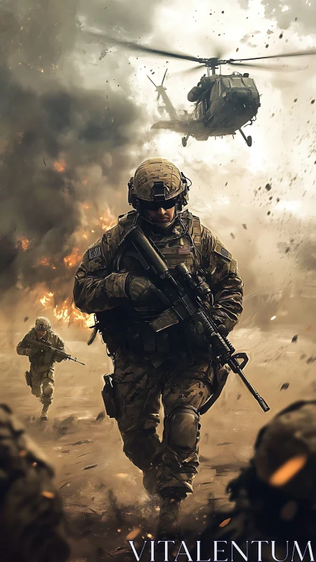 Firestorm advance with soldiers and roaring rescue chopper.