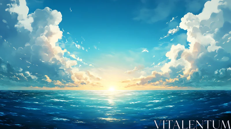 Digital seascape panorama with luminous horizon clouds.