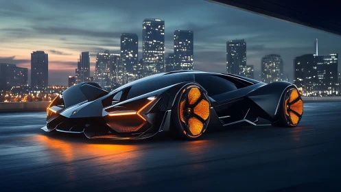 Low-slung electric hypercar with illuminated aero wheels on dusk highway