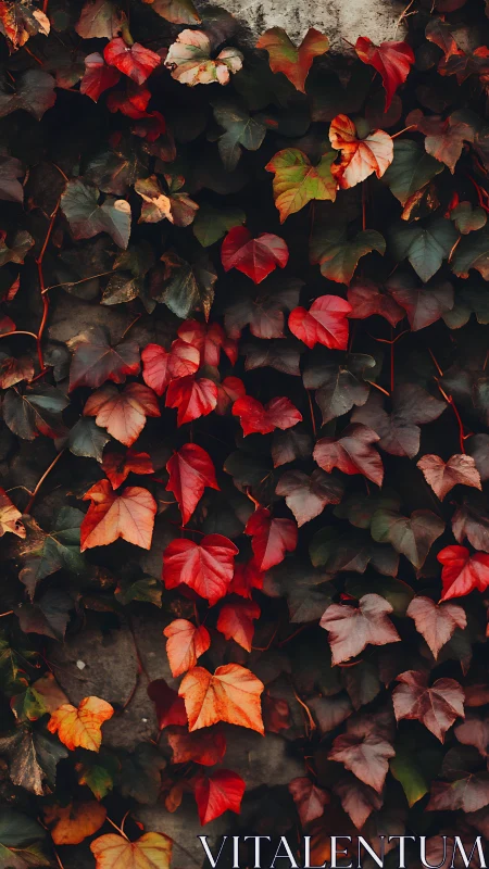 Autumn ivy leaves cascade over stone in rich, moody color.