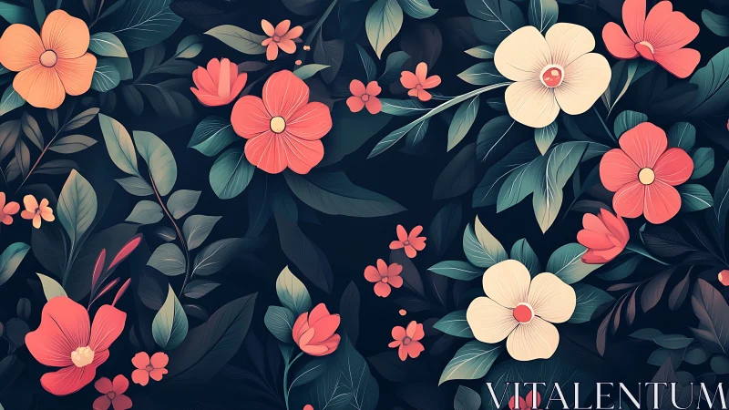 Floral Pattern with Coral and Cream Flowers on Dark Background.