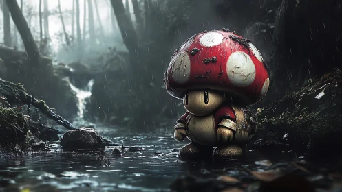 Photoreal 3D mushroom-creature in cinematic rainy forest scene.