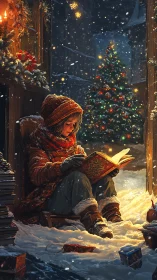 Child reading magic book beside glowing Christmas tree.