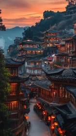 Lantern‑lit hillside street glows beneath a smoky sunset sky