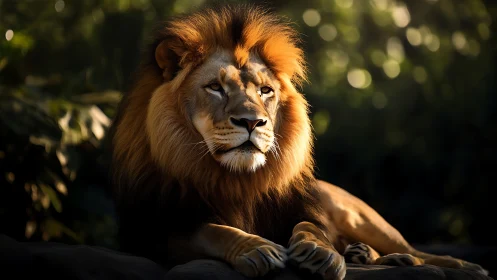 Male lion resting on rock in soft forest edge light.