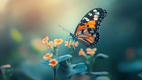 Butterfly on small orange flowers in soft garden setting.