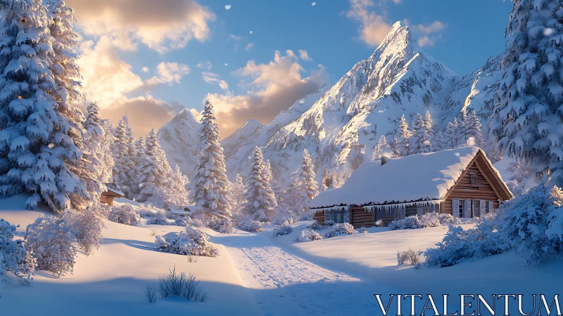 Digital painting of alpine winter cabin amid sunlit pines.