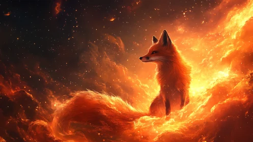 Firelit fox emerges inside swirling cosmic nebula blaze.