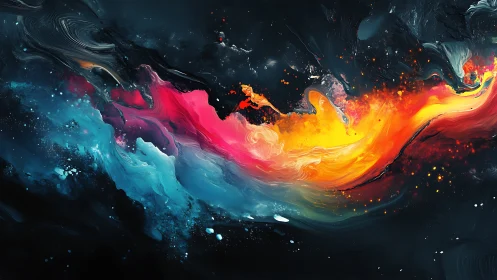 Abstract fluid color wave moves across dark digital canvas