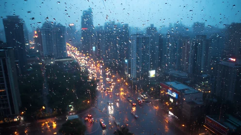 Nocturnal rain-soaked megacity through refractive window plane.