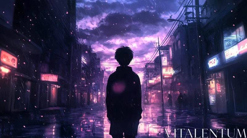 Midnight rain threads neon dreams around a solitary silhouette