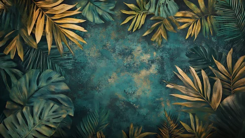 Tropical leaves frame on textured teal and gold background.
